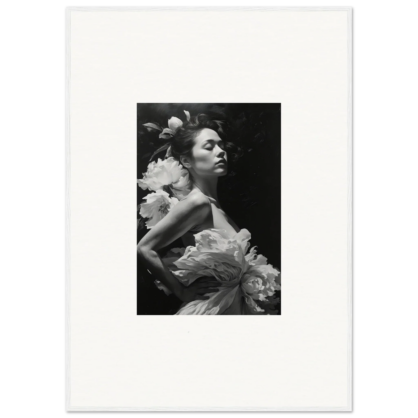 Black and white portrait of a woman in ruffled fabric for Dreaming Nuit canvas print