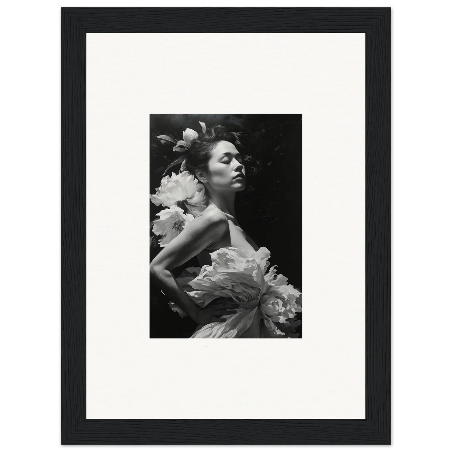 Chic black and white canvas print of a woman dreaming nuit with floral elements