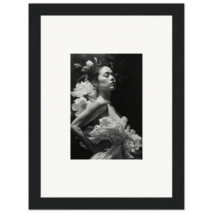 Chic black and white canvas print of a woman dreaming nuit with floral elements