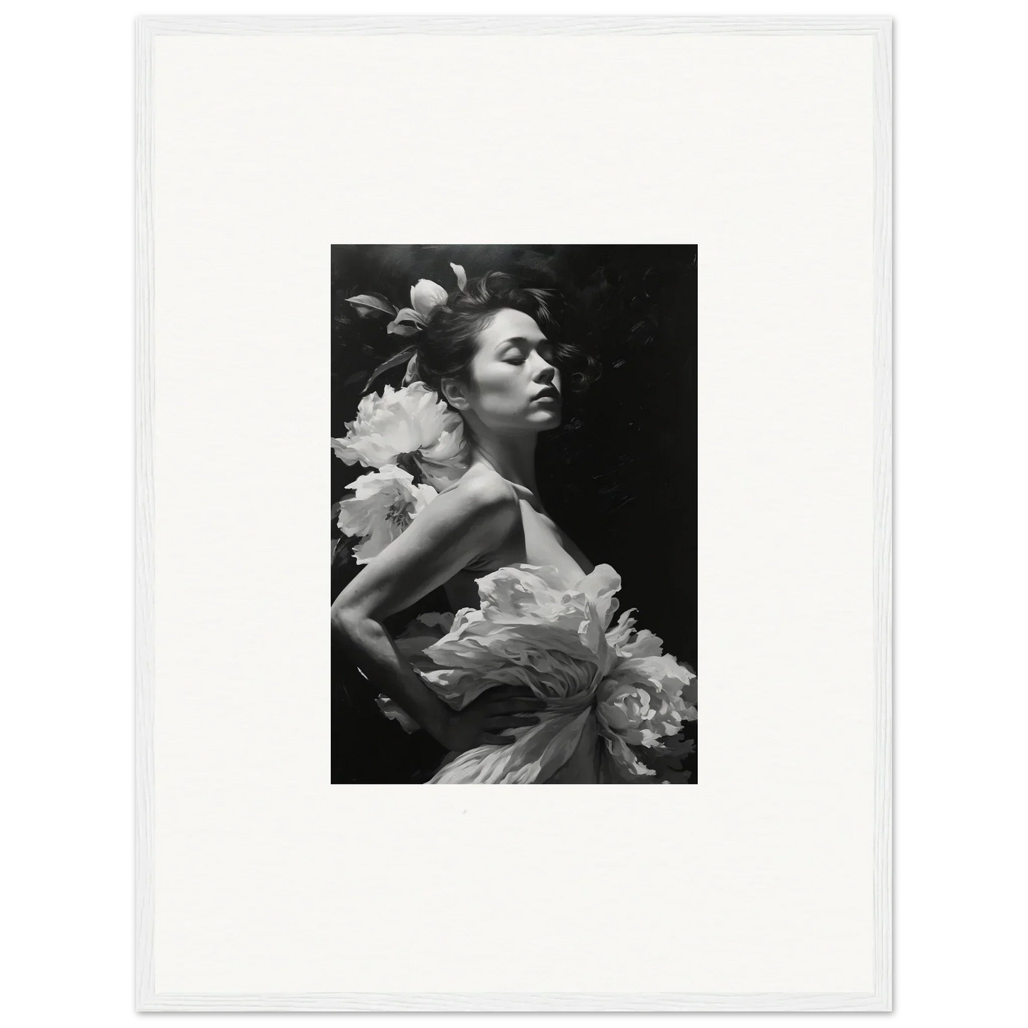 Black and white portrait of a woman in floral garment for Dreaming Nuit canvas print