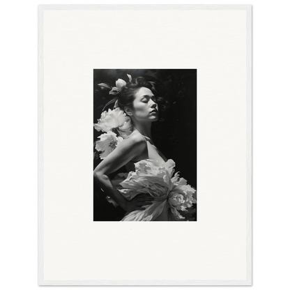 Black and white portrait of a woman in floral garment for Dreaming Nuit canvas print