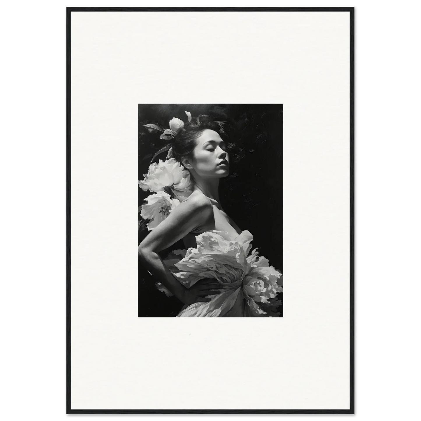 Black and white portrait of a woman with flowers, perfect for dreaming nuit room decoration