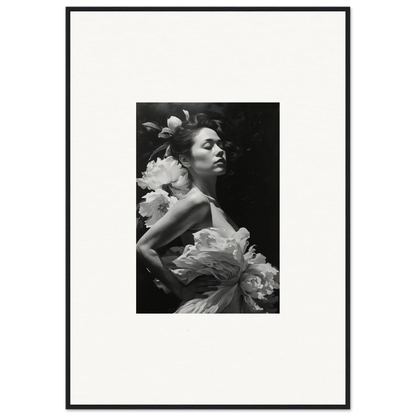 Black and white portrait of a woman with flowers, perfect for dreaming nuit room decoration