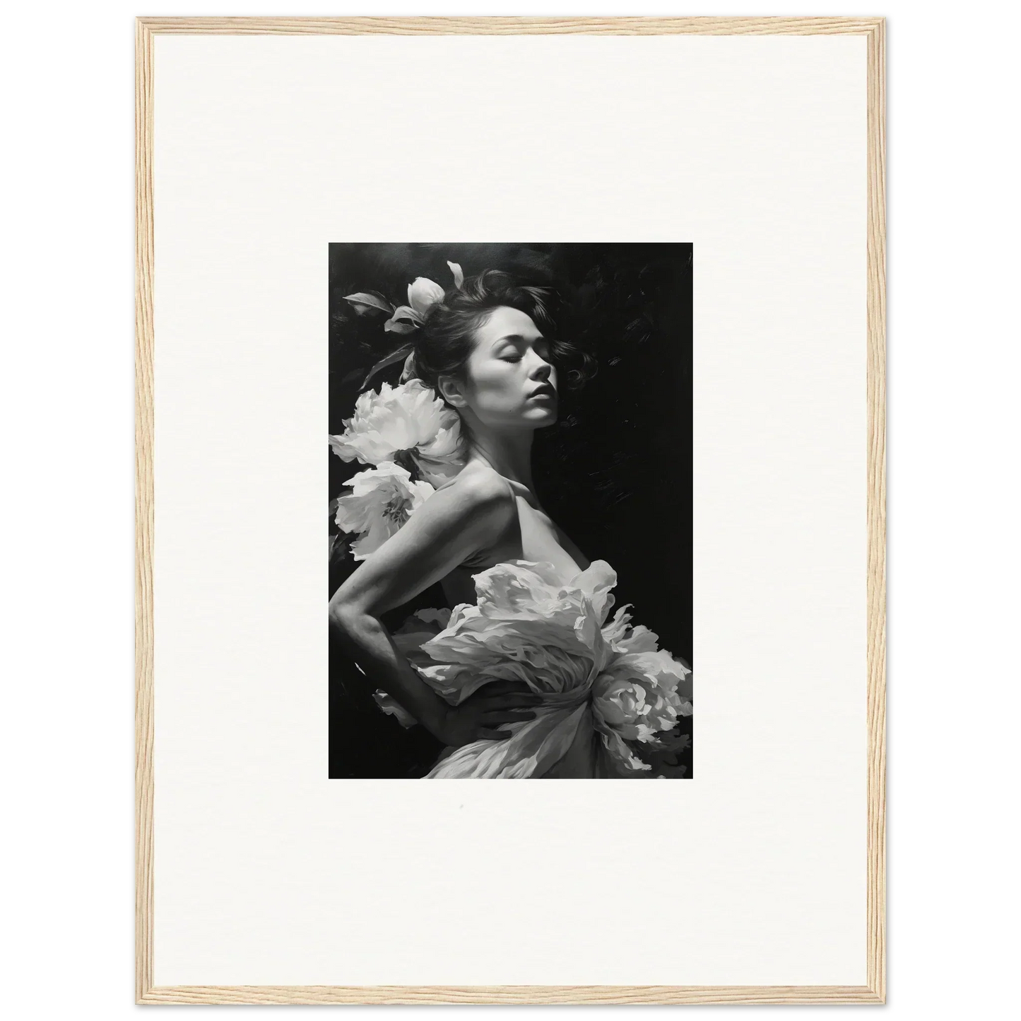 Black and white photo of a woman in a floral dress for a dreamy Nuit canvas print