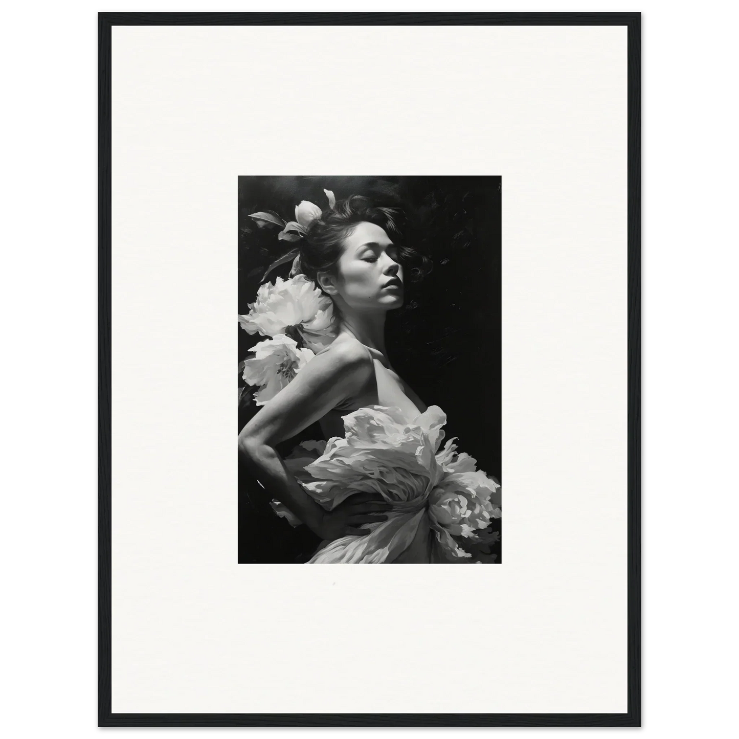 Black and white photo of woman in floral dress for Petals Dreaming Nuit canvas print