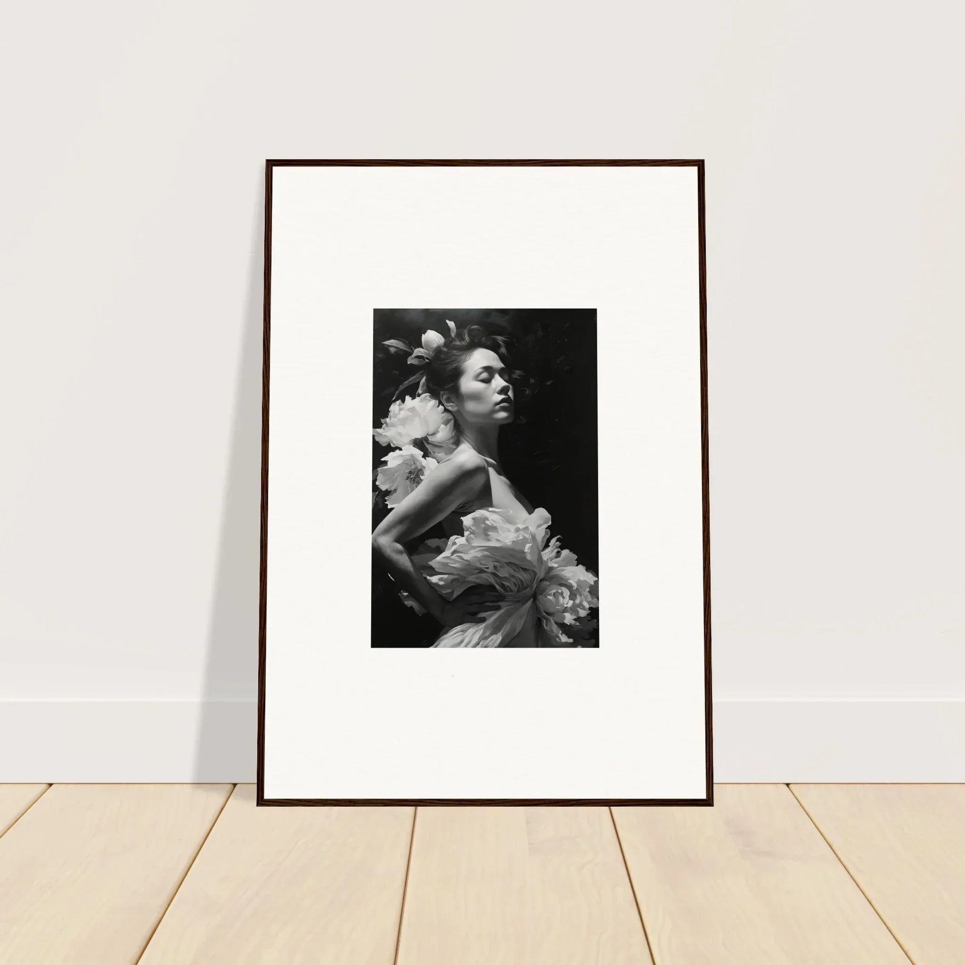 Framed black and white photo of a woman in an elegant dress, perfect for Dreaming Nuit room decoration