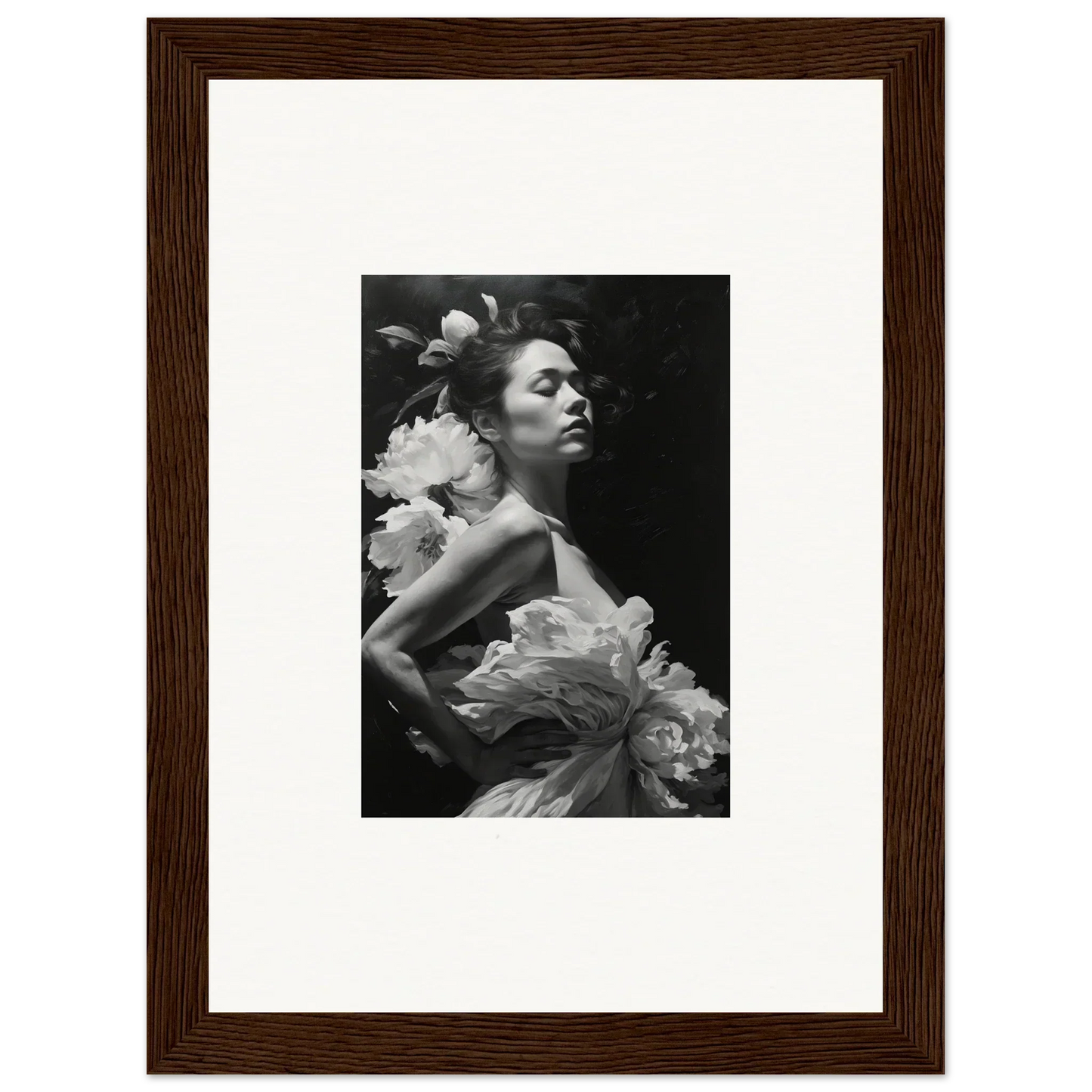 Black and white photo of a woman with flowers, perfect for Dreaming Nuit canvas print decor