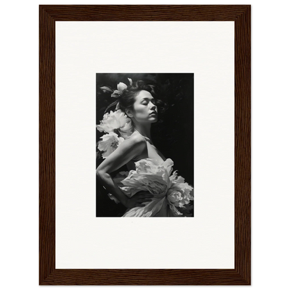 Black and white photo of a woman with flowers, perfect for Dreaming Nuit canvas print decor