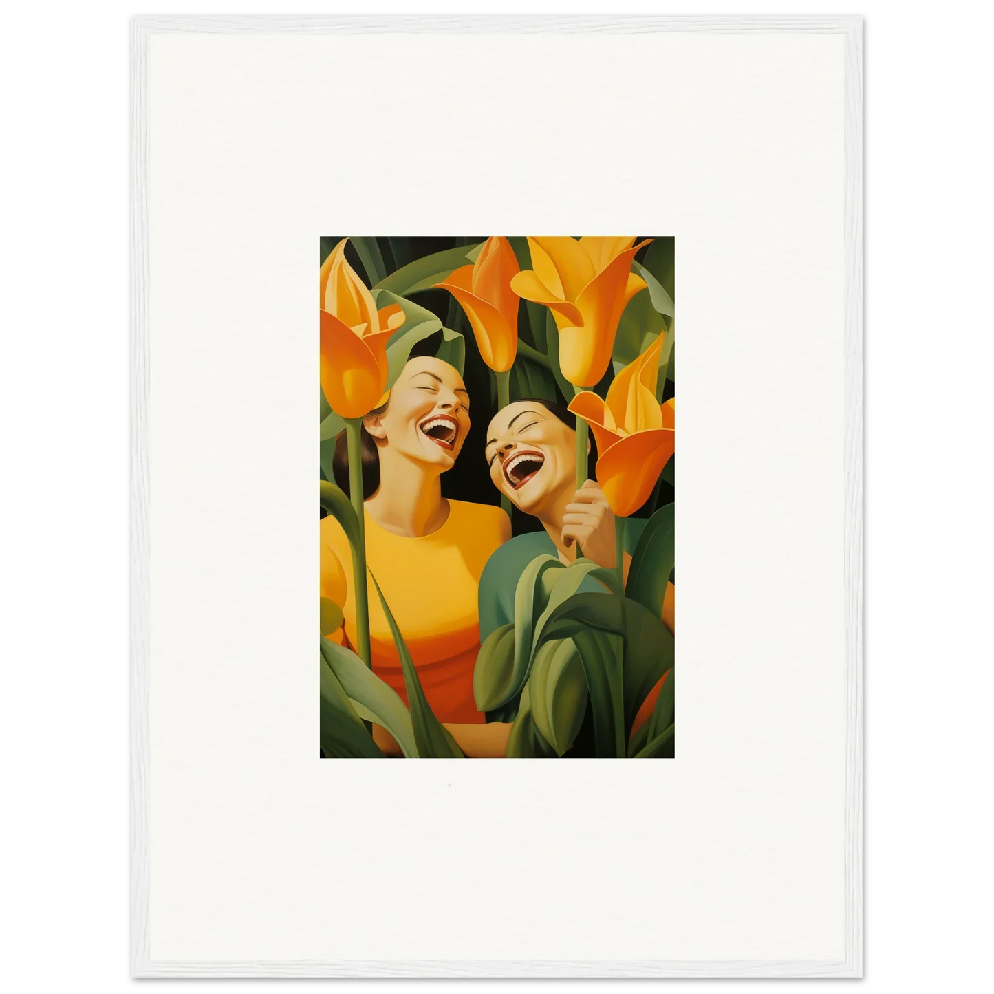 Joyful figures in vibrant orange flowers, perfect for your Ecstatic Whispers canvas print room decoration