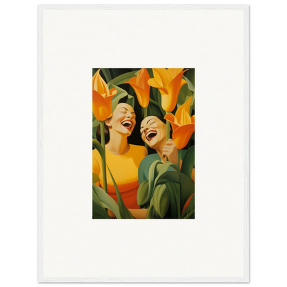 Joyful figures in vibrant orange flowers, perfect for your Ecstatic Whispers canvas print room decoration