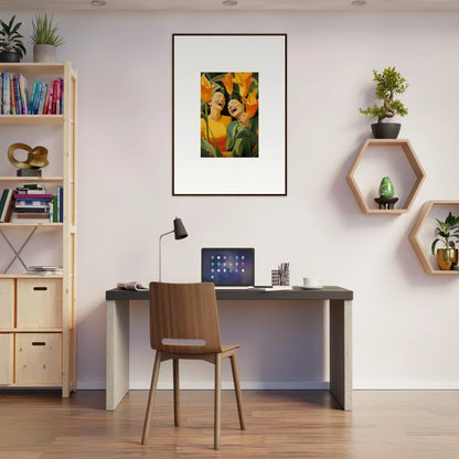 Home office workspace with canvas print Ecstatic Whispers and stylish room decoration