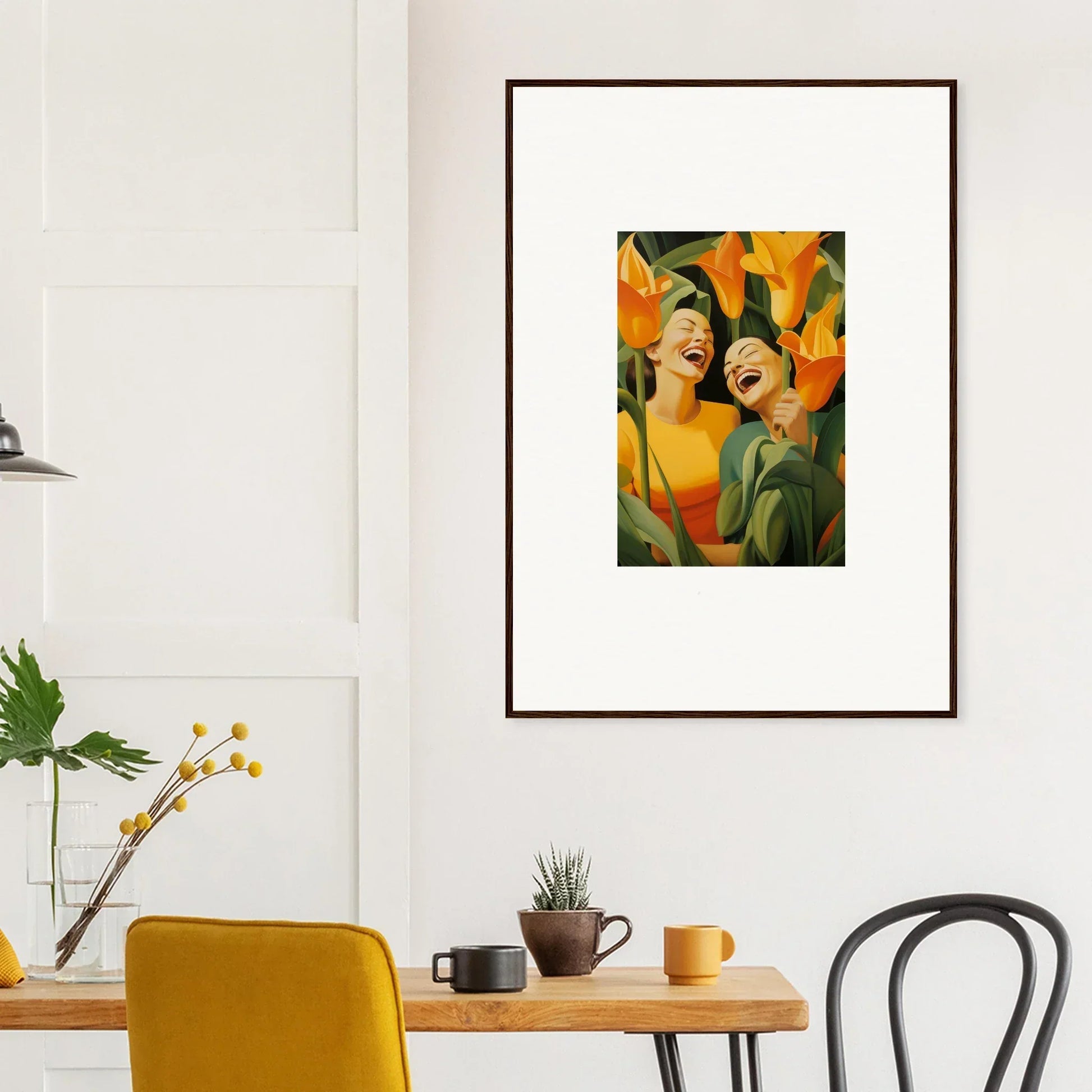 Framed canvas print of Ecstatic Whispers with vibrant figures, perfect for room decoration