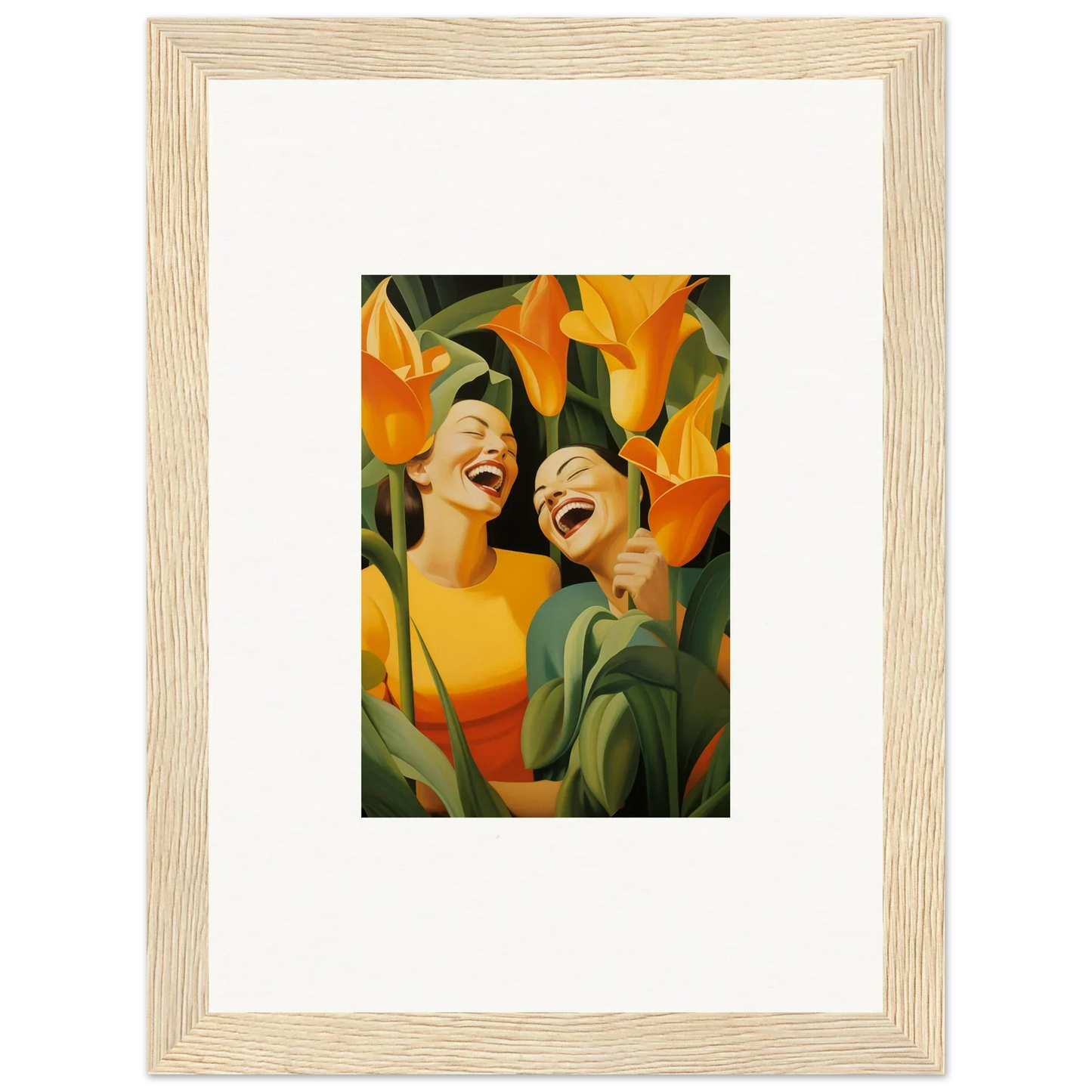 Framed canvas print of ecstatic whispers with joyful figures and vibrant orange flowers