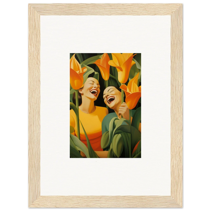 Framed canvas print of ecstatic whispers with joyful figures and vibrant orange flowers