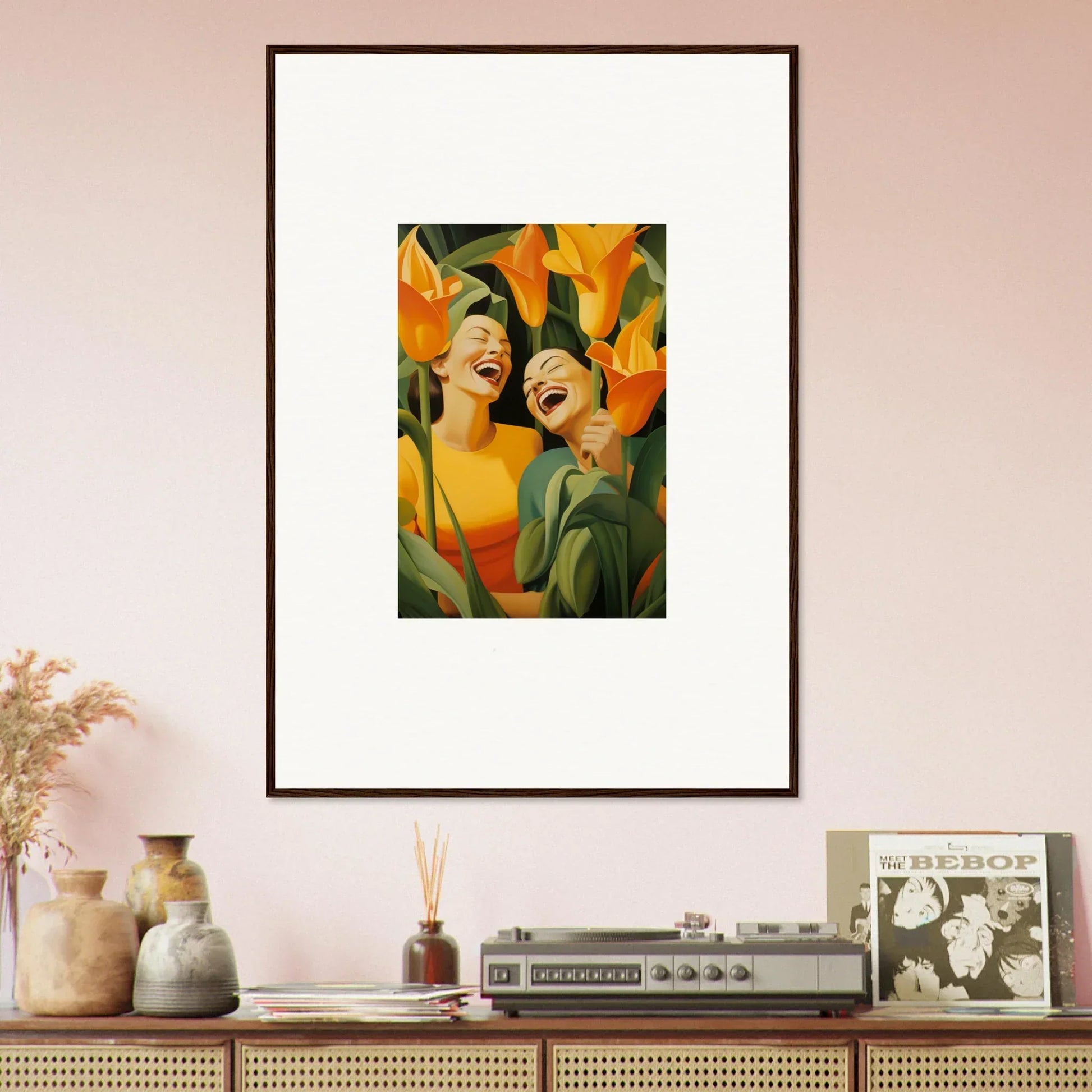 Framed canvas print of Ecstatic Whispers featuring joyful figures in vibrant colors