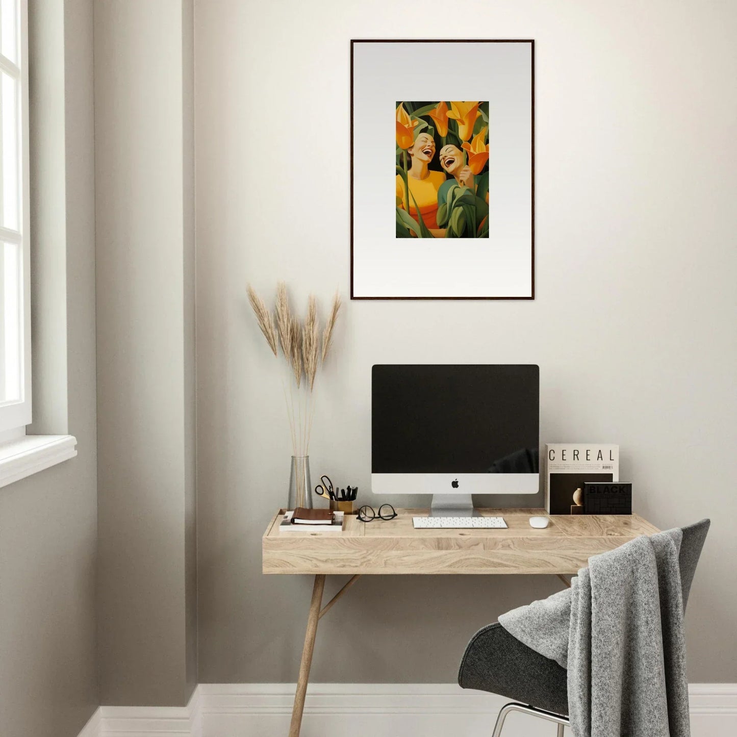 Minimalist home office vibe with a wooden desk, computer, and Ecstatic Whispers canvas print