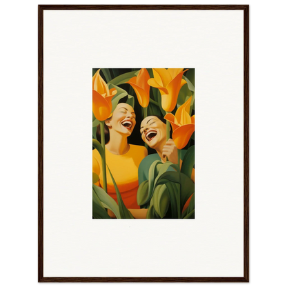 Framed canvas print of Ecstatic Whispers with joyful figures and bright orange flowers