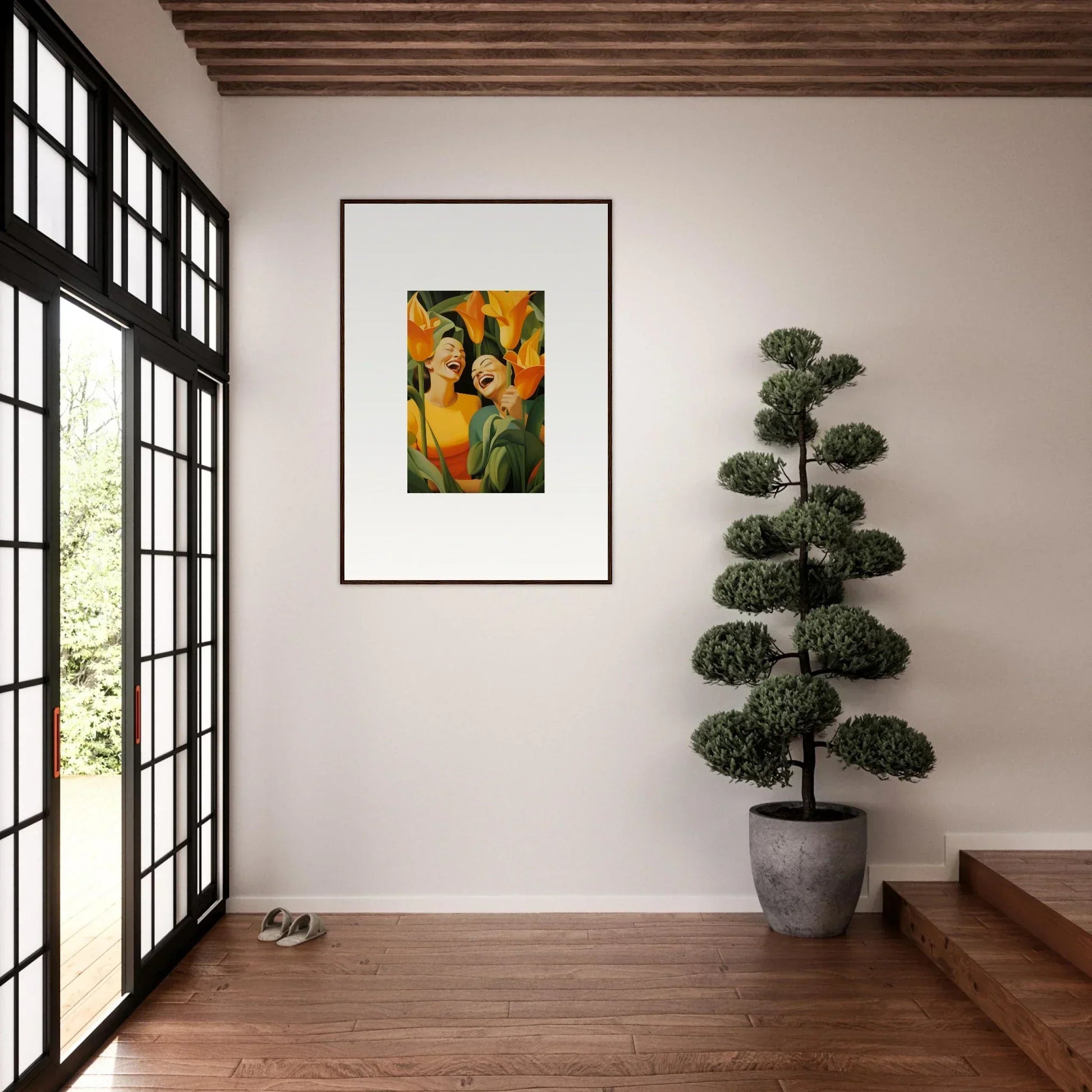 Framed canvas print of Ecstatic Whispers, featuring a woman’s face with vibrant flowers