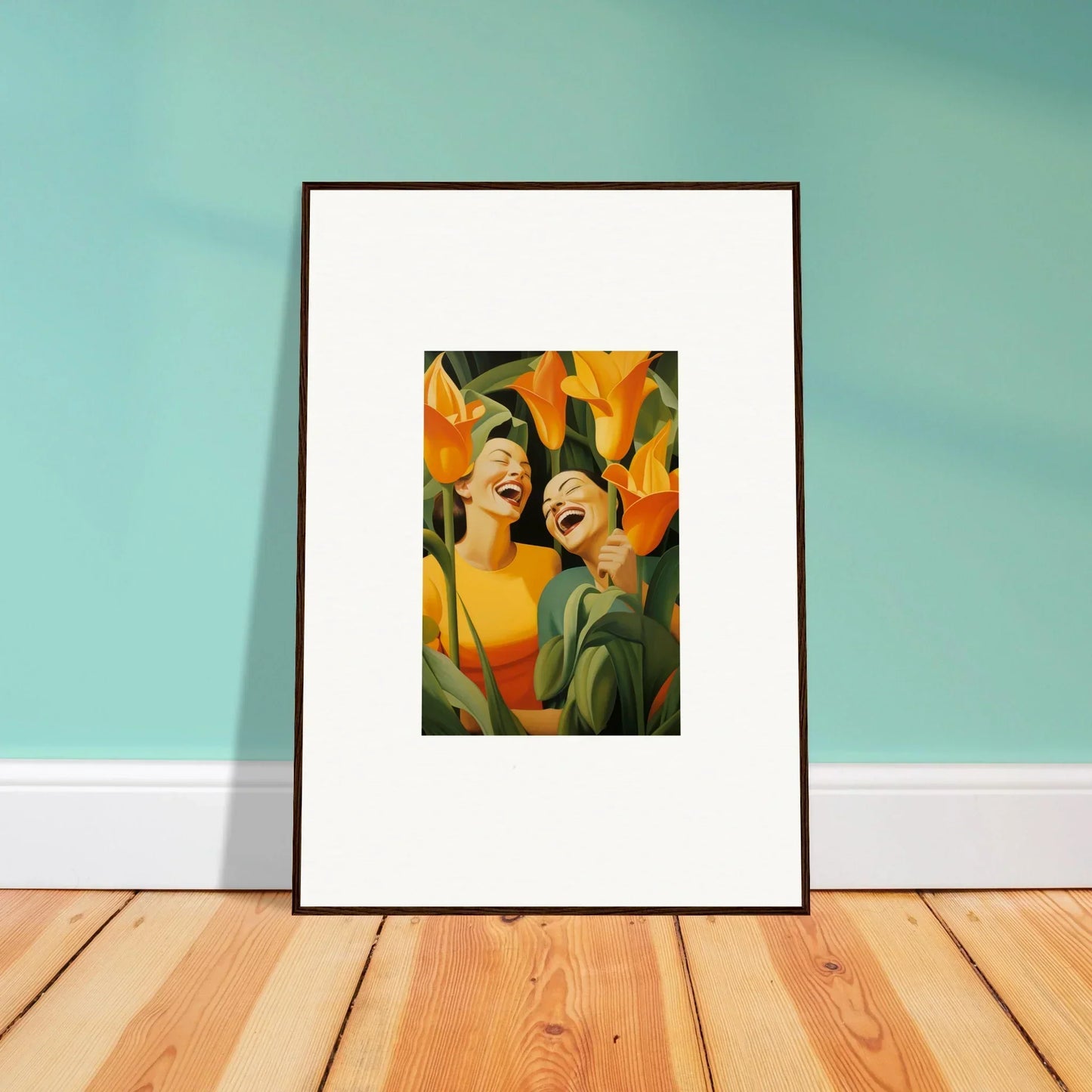 Framed canvas print of Ecstatic Whispers with joyful figures and vibrant orange flowers