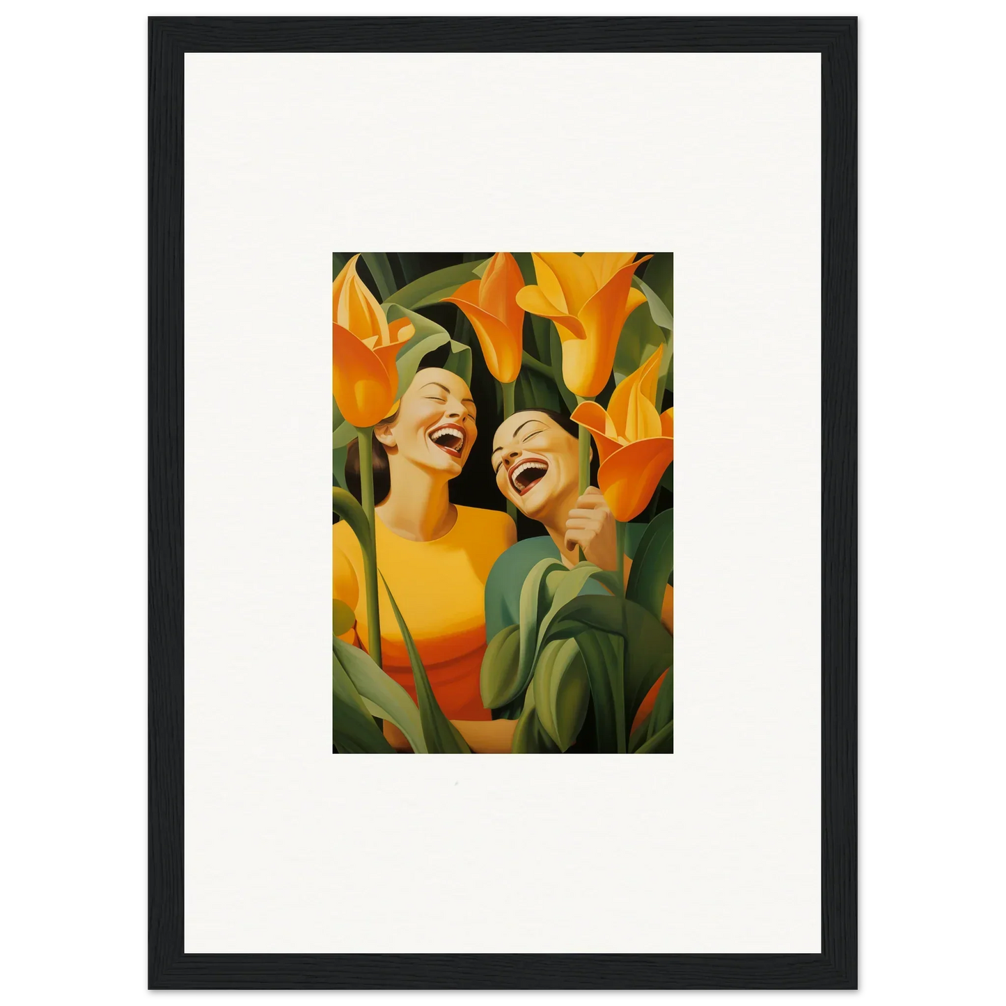 Ecstatic Whispers canvas print with joyful figures and vibrant orange flowers for room decoration