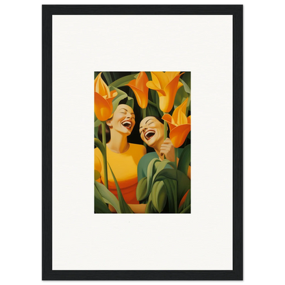 Ecstatic Whispers canvas print with joyful figures and vibrant orange flowers for room decoration