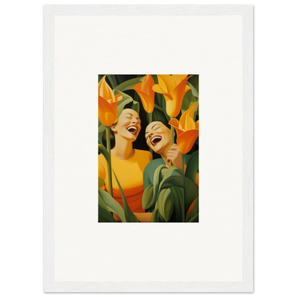 Framed canvas print of ecstatic whispers with joyful figures and vibrant orange flowers