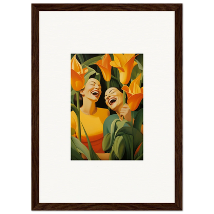 Framed canvas print of Ecstatic Whispers with joyful figures and orange flowers for room decoration