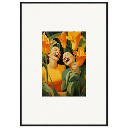 Framed canvas print of ecstatic whispers with joyful figures and vibrant orange flowers