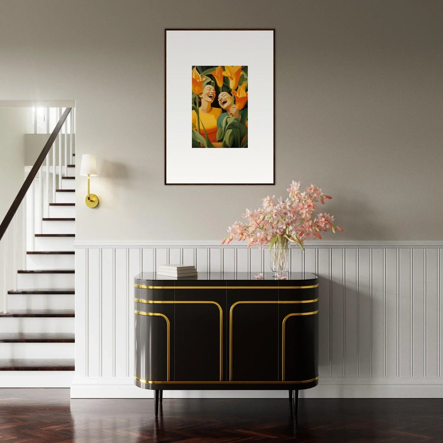 Framed canvas print of Ecstatic Whispers with vibrant orange and green hues for room decoration