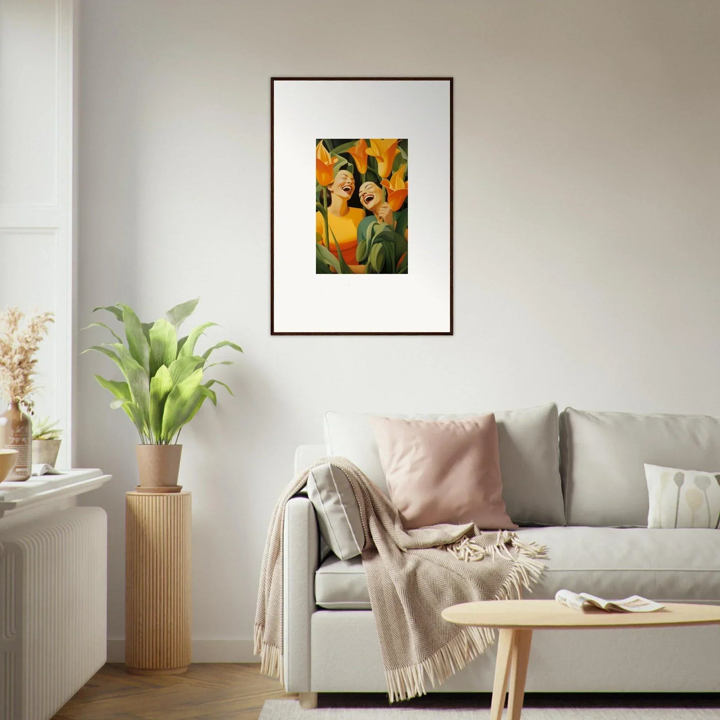 Framed canvas print of Ecstatic Whispers with figures amidst vibrant orange flowers