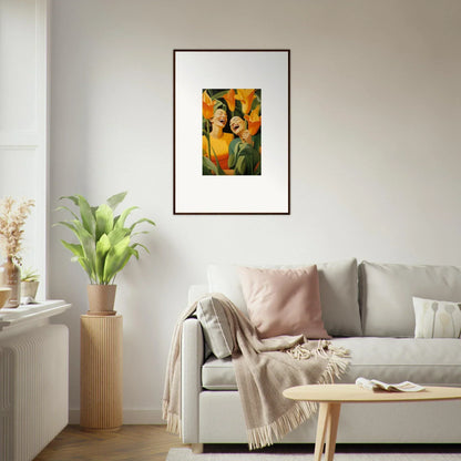 Framed canvas print of Ecstatic Whispers with figures amidst vibrant orange flowers