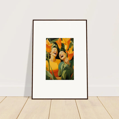 Framed canvas print of Ecstatic Whispers, joyful figures and orange flowers for room decoration