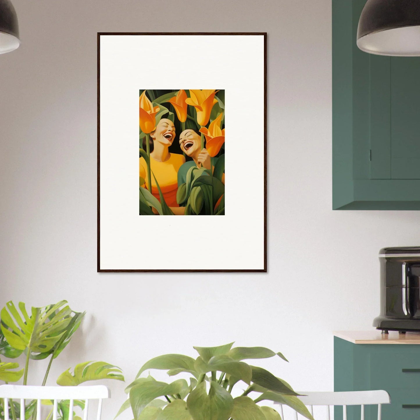 Framed canvas print of Ecstatic Whispers with vibrant orange and green hues for room decoration