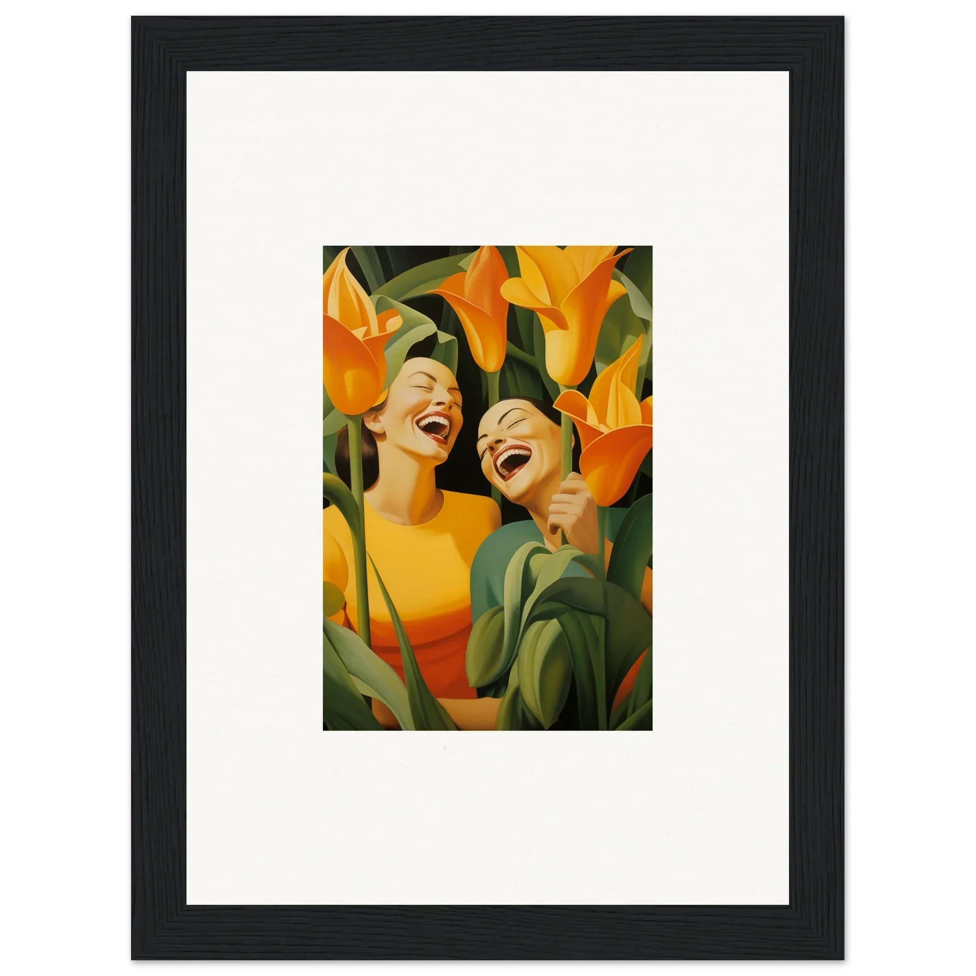 Framed canvas print of ecstatic whispers with joyful figures and vibrant orange flowers