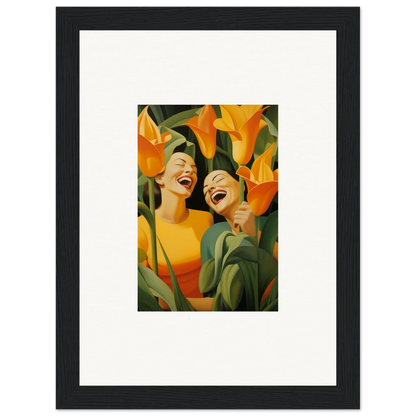 Framed canvas print of ecstatic whispers with joyful figures and vibrant orange flowers