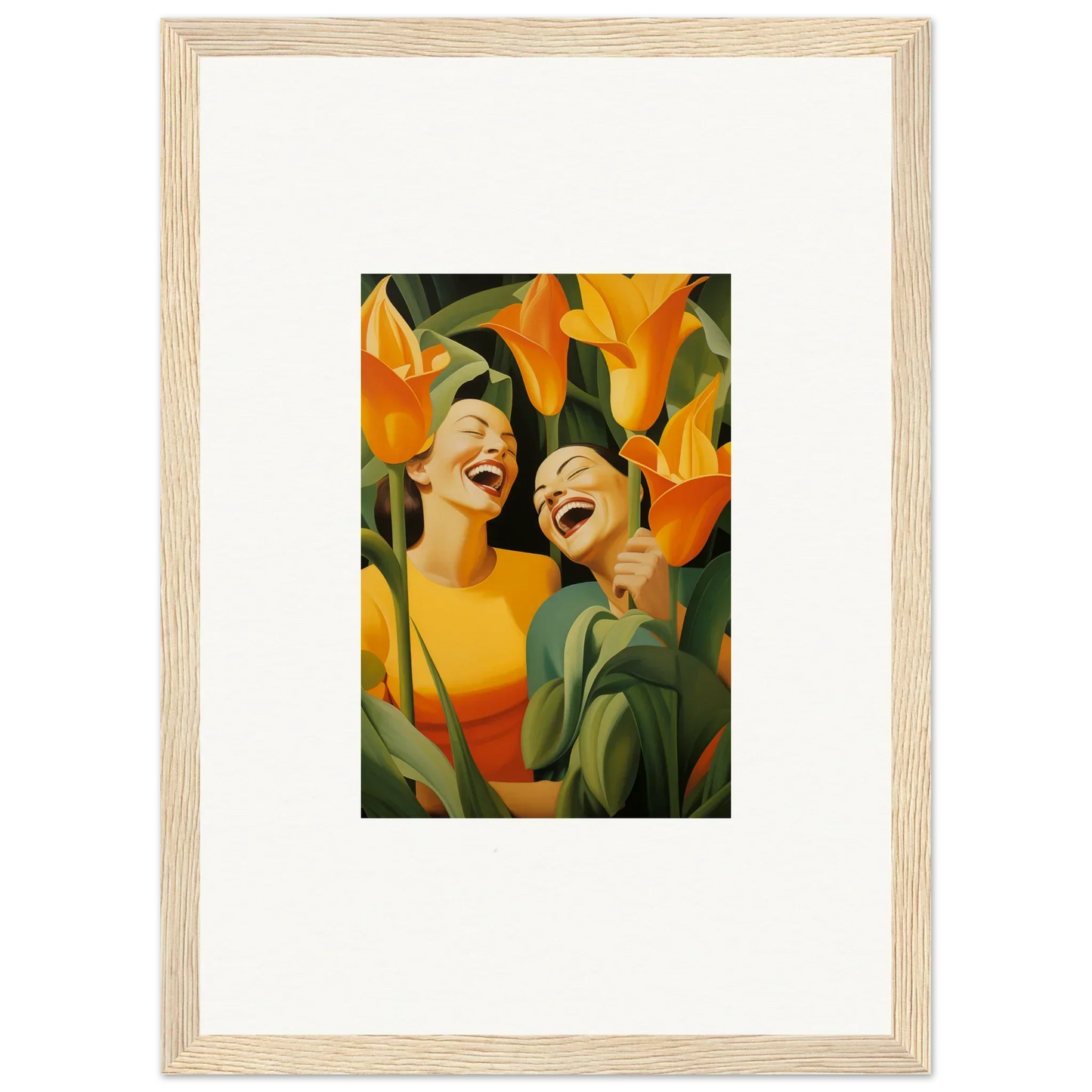 Framed canvas print of Ecstatic Whispers with joyful figures and orange flowers