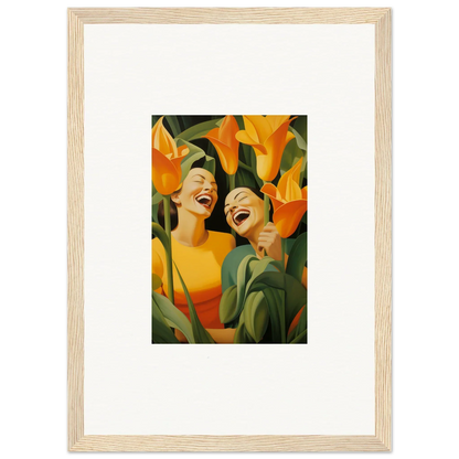 Framed canvas print of Ecstatic Whispers with joyful figures and orange flowers