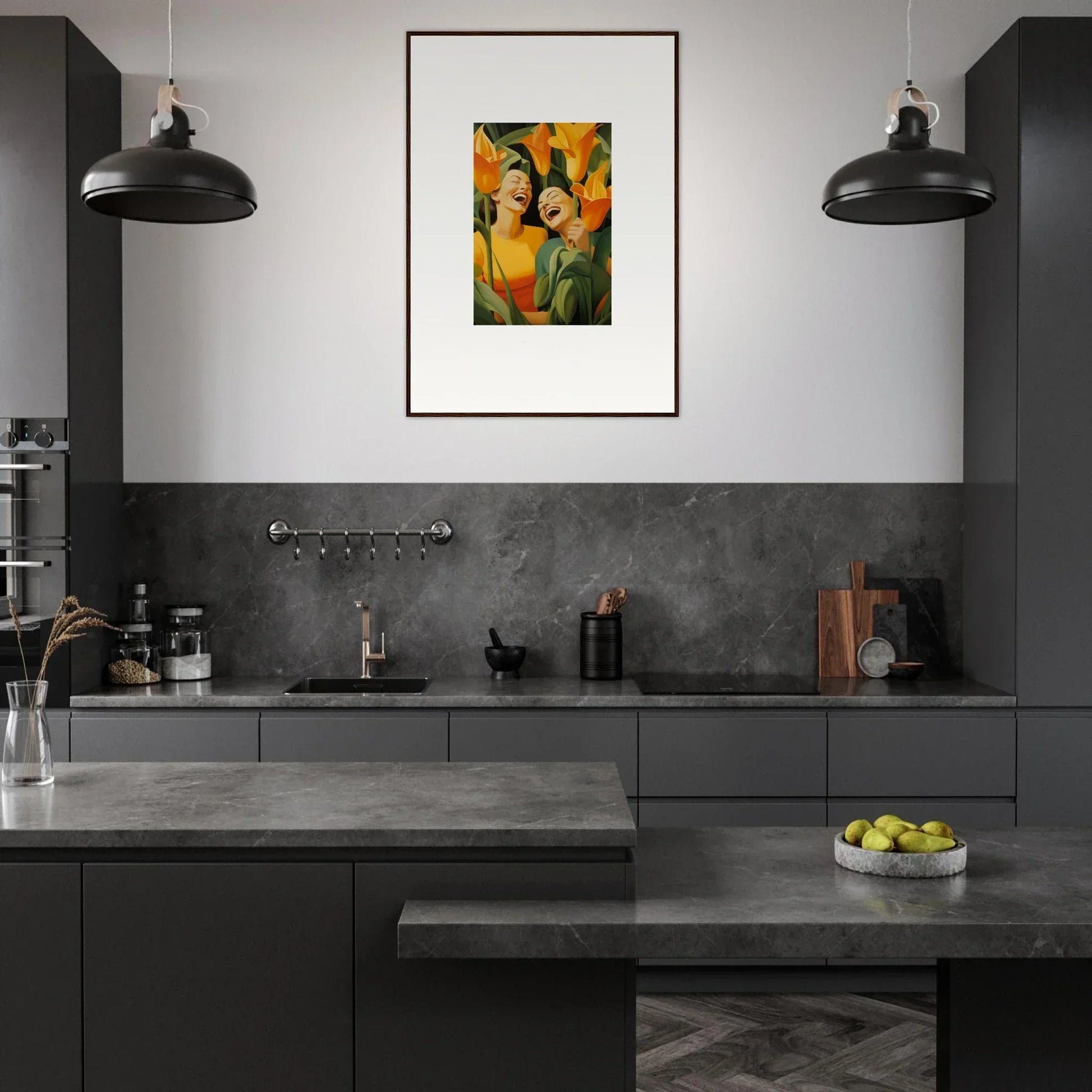 Modern dark gray kitchen featuring Ecstatic Whispers canvas print for stylish room decoration