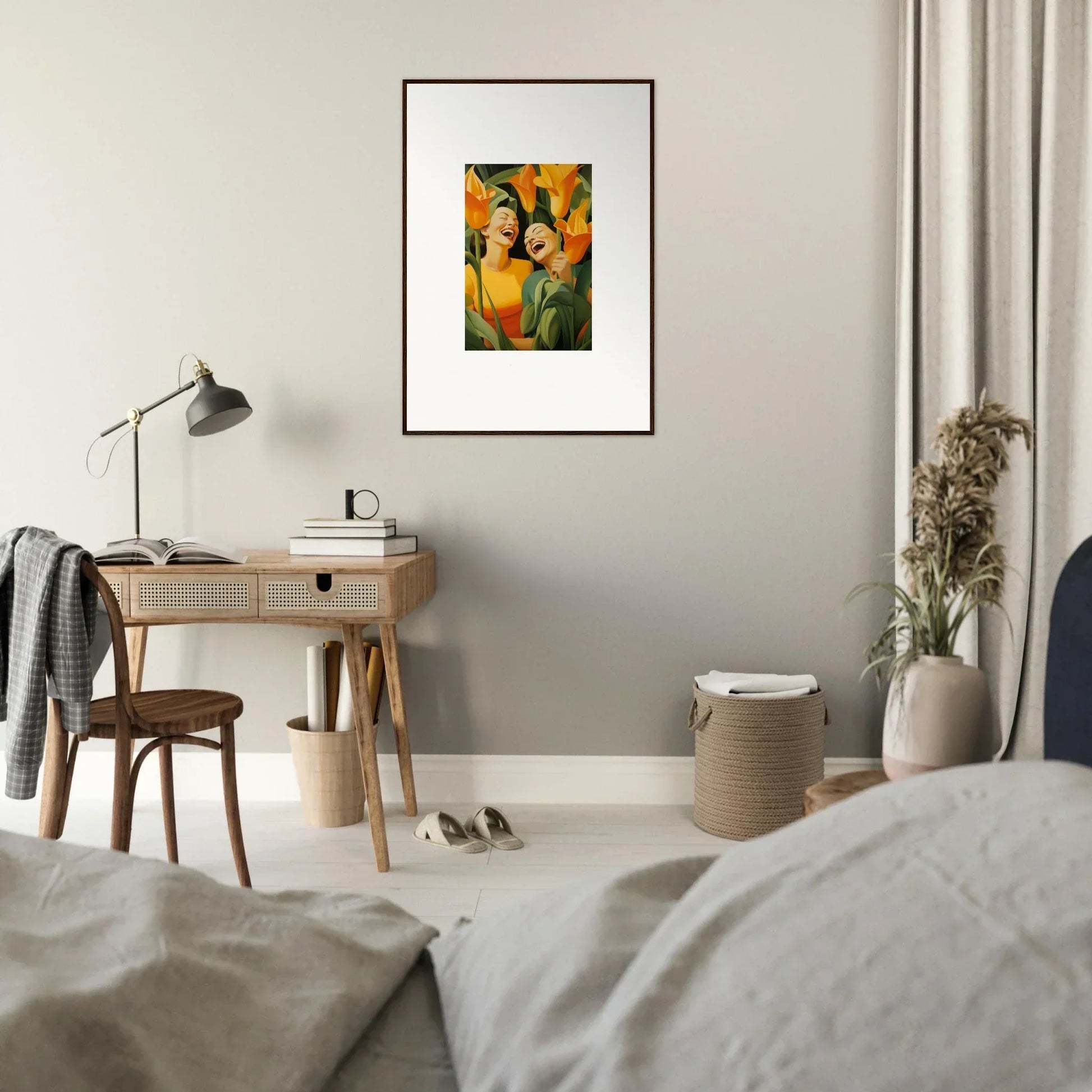 Framed canvas print of Ecstatic Whispers in vibrant orange and green for room decoration