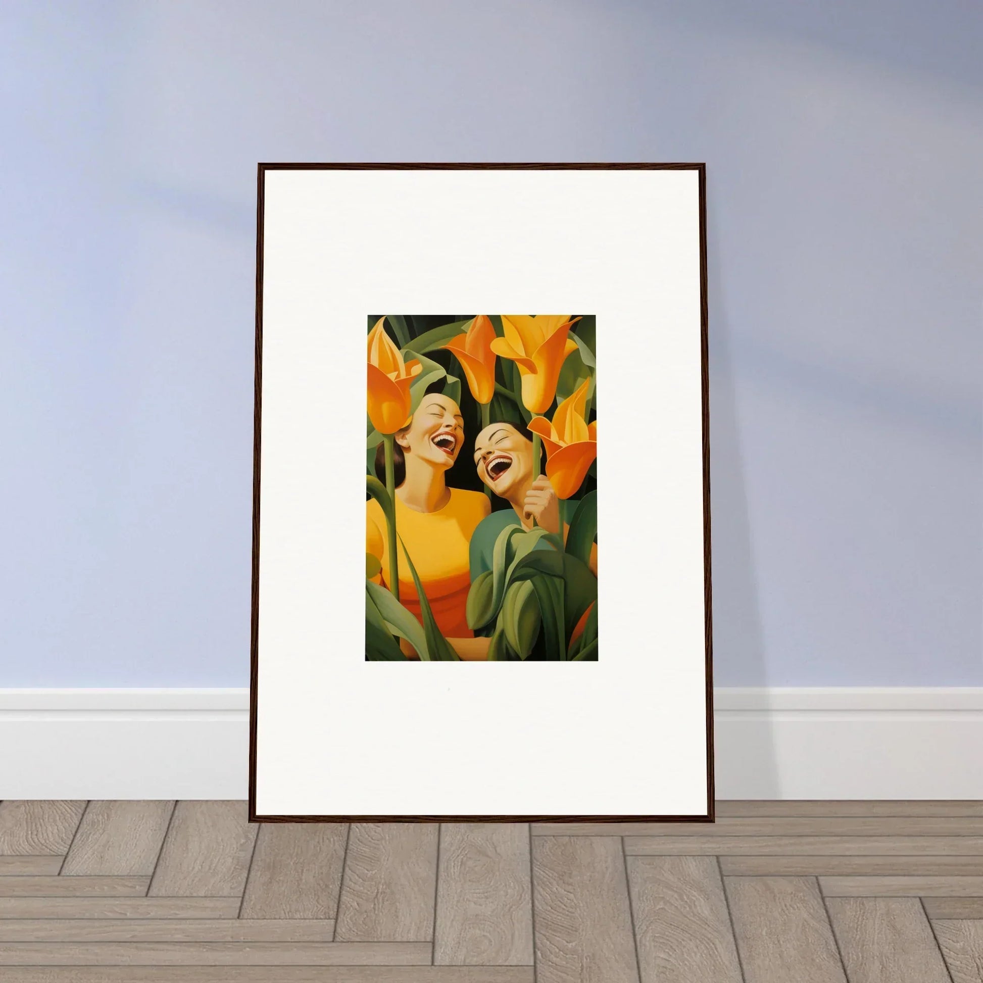 Framed canvas print of ecstatic whispers with two figures laughing in orange flowers