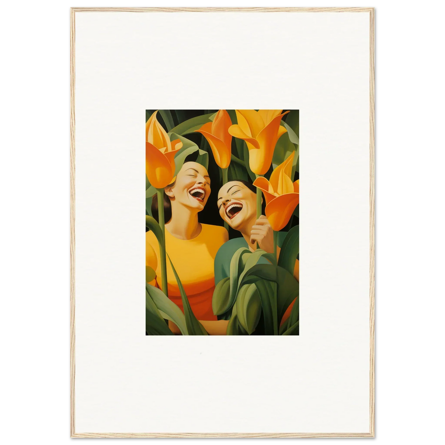 Framed canvas print of Ecstatic Whispers with joyful figures and vibrant flowers