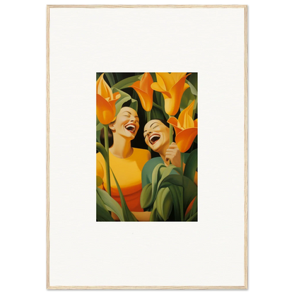 Framed canvas print of Ecstatic Whispers with joyful figures and vibrant flowers