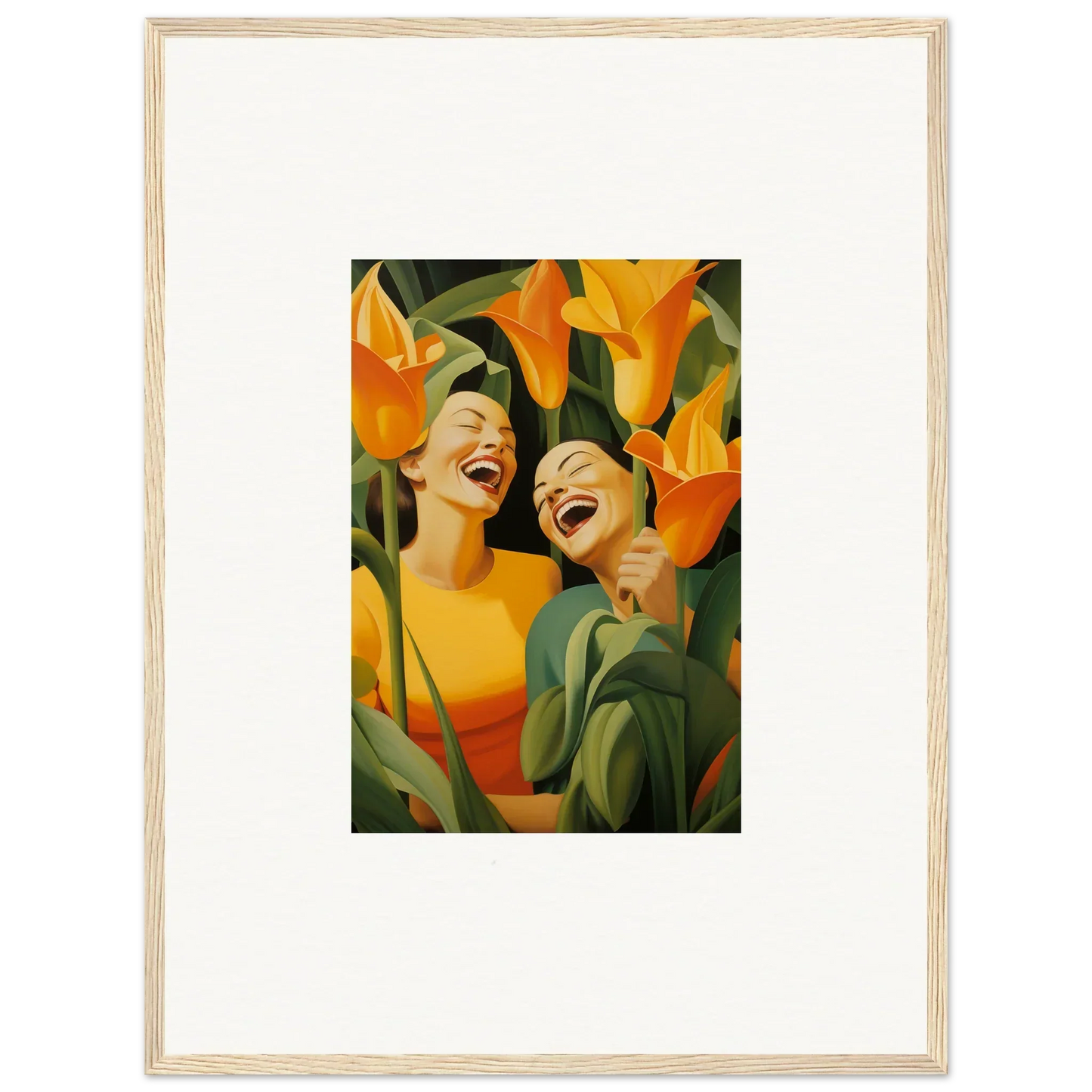 Framed canvas print of two joyful figures in vibrant orange flowers for room decoration