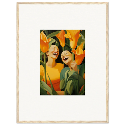 Framed canvas print of two joyful figures in vibrant orange flowers for room decoration