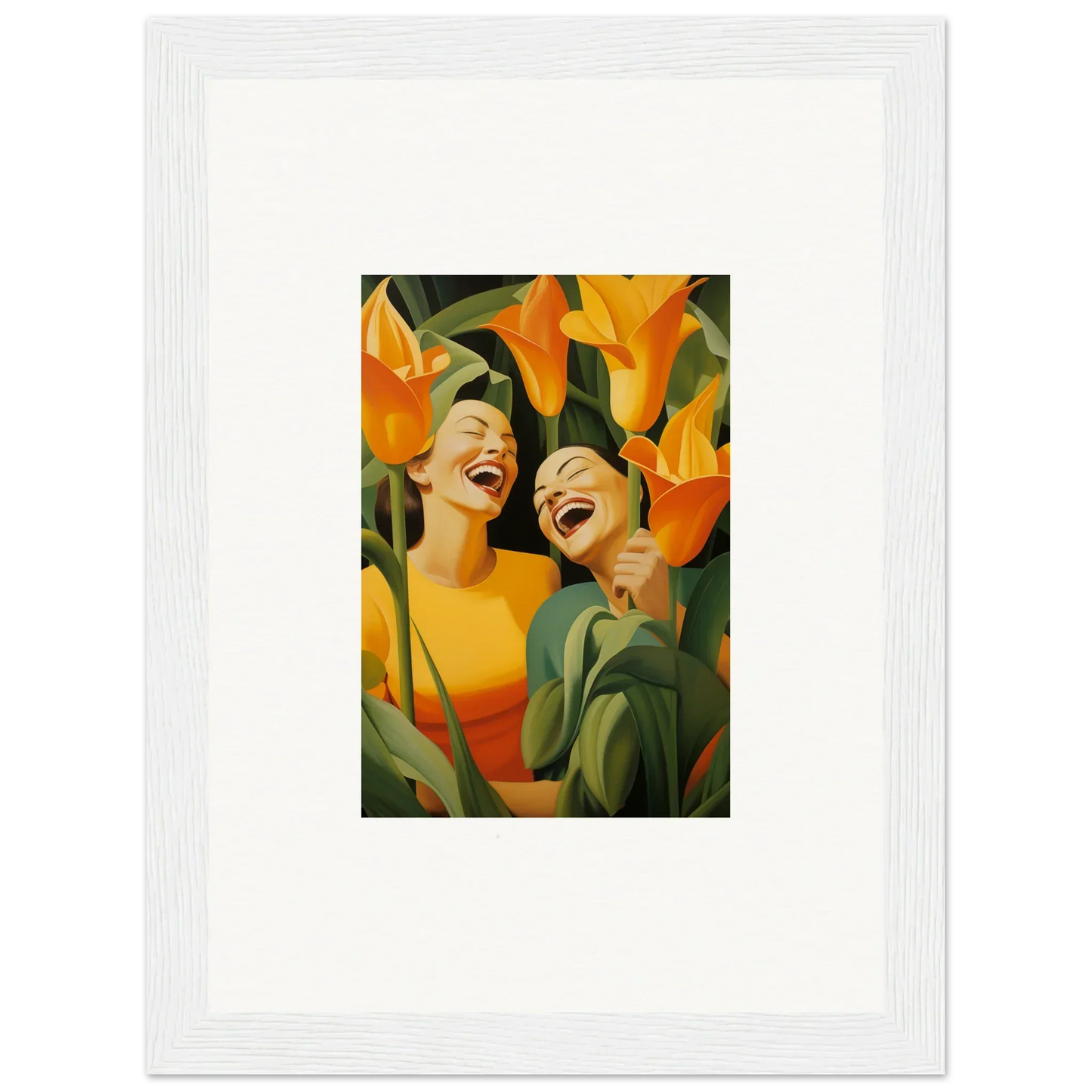 Framed canvas print of Ecstatic Whispers with joyful figures and orange flowers for room decoration