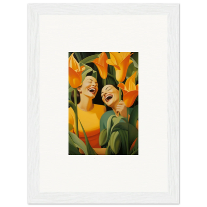 Framed canvas print of Ecstatic Whispers with joyful figures and orange flowers for room decoration