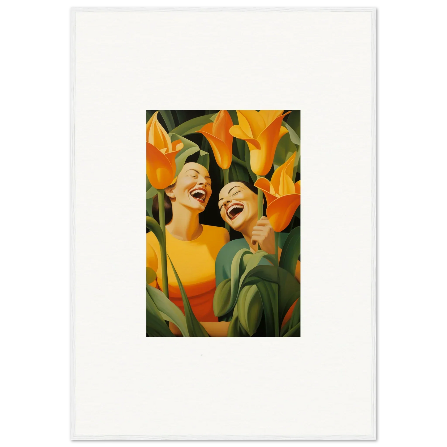 Joyful figures in a vibrant orange flower canvas print for ecstatic whispers room decoration