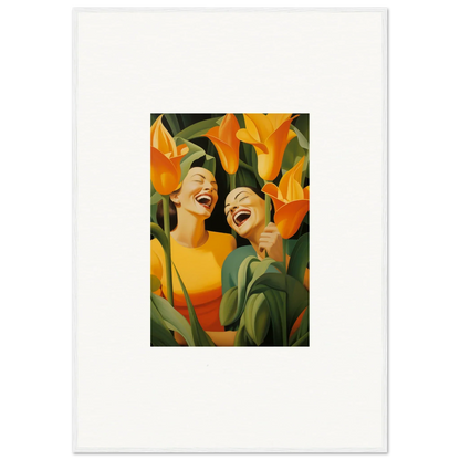 Joyful figures in a vibrant orange flower canvas print for ecstatic whispers room decoration