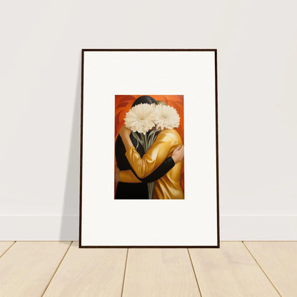 Framed wall art of a figure with white flowers, perfect for a Room Decor, embrace Aether