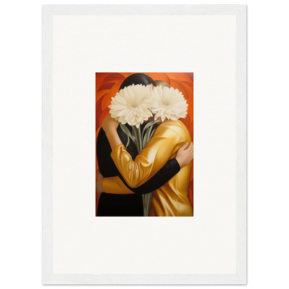 Framed wall art of embrace aether with two figures and white flowers for stylish room decor